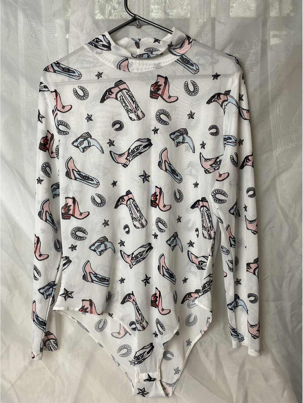 Sheer western print Cowgirl long sleeve bodysuit XXL